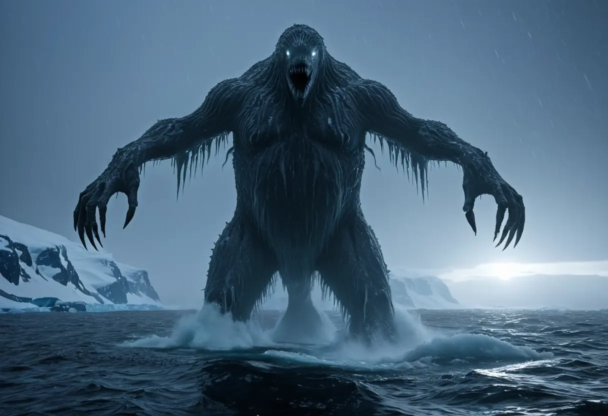 夜の南極海。サーチライトに照らされた、巨大な白い人間のような影。