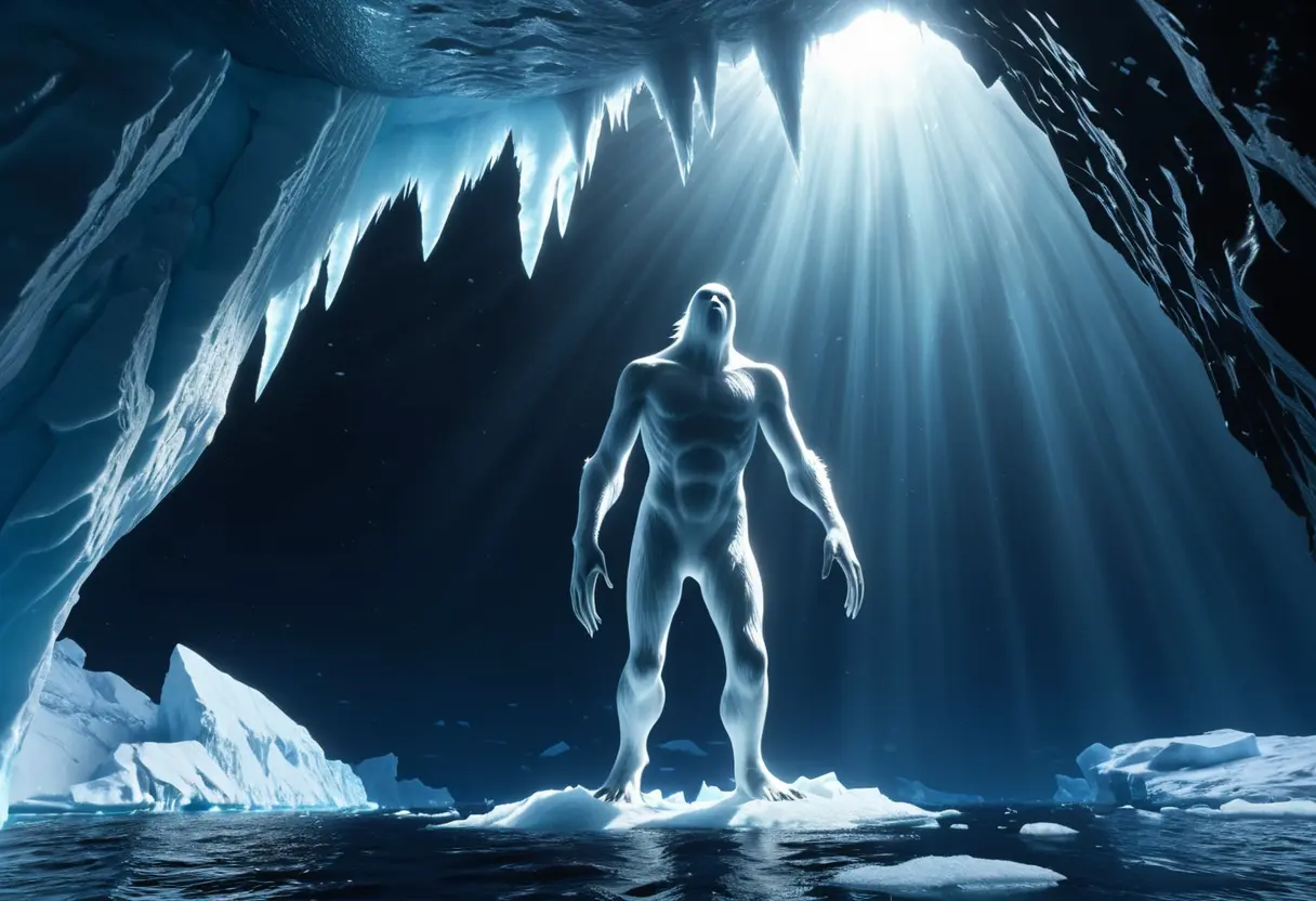 水中から見上げた、海面に浮かぶ巨大な白い巨像。