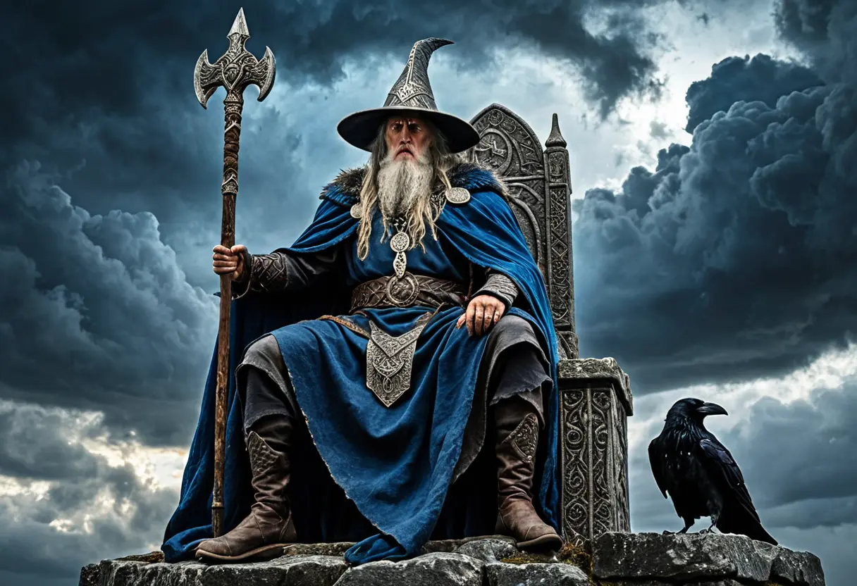 黄金の玉座フリズスキャルヴに座る、隻眼の老人オーディン。つばの広い帽子を被り、両肩には二羽の鴉（フギンとムニン）、足元には二匹の狼がいる。手には聖槍グングニルを握っている