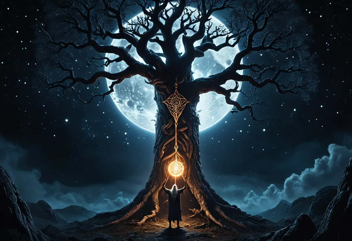 夜のユグドラシルの大樹に、槍で貫かれたまま逆さまに吊るされたオーディンのシルエット。彼の目からは血が流れ、同時に叡智の光が溢れ出している