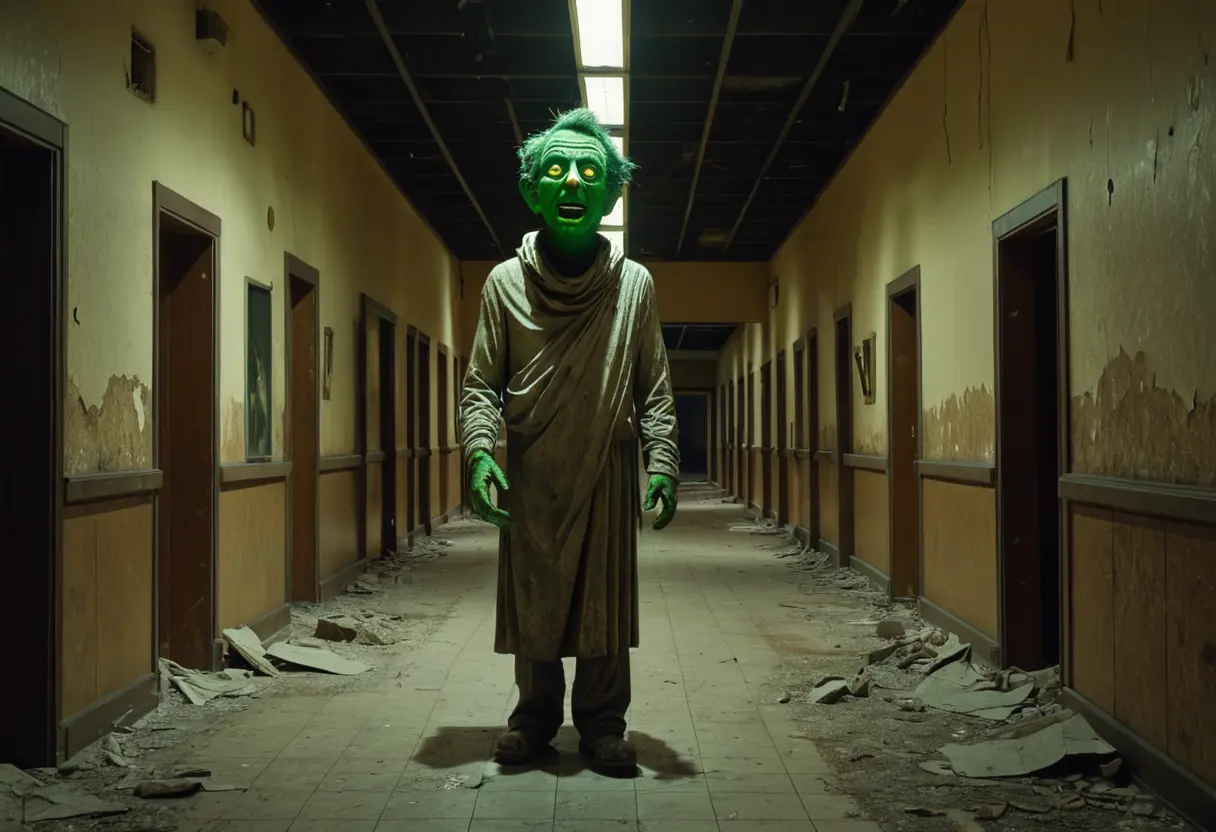 廃墟となったショッピングモールの暗い通路の奥に、巨大な緑色の顔をした人形が立っている。懐中電灯の光がその歪んだ笑顔を照らし出しており、周囲には剥がれた壁紙や散乱したゴミが見える。