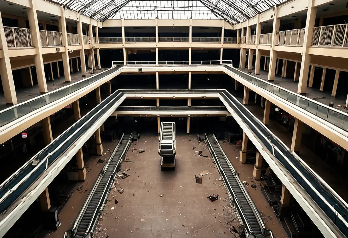 誰もいない巨大なモールの吹き抜け。天窓からは淡い光が差し込んでいるが、エスカレーターは止まり、店舗の看板は色褪せている。誰もいないはずなのに、誰かの視線を感じるような空気感。