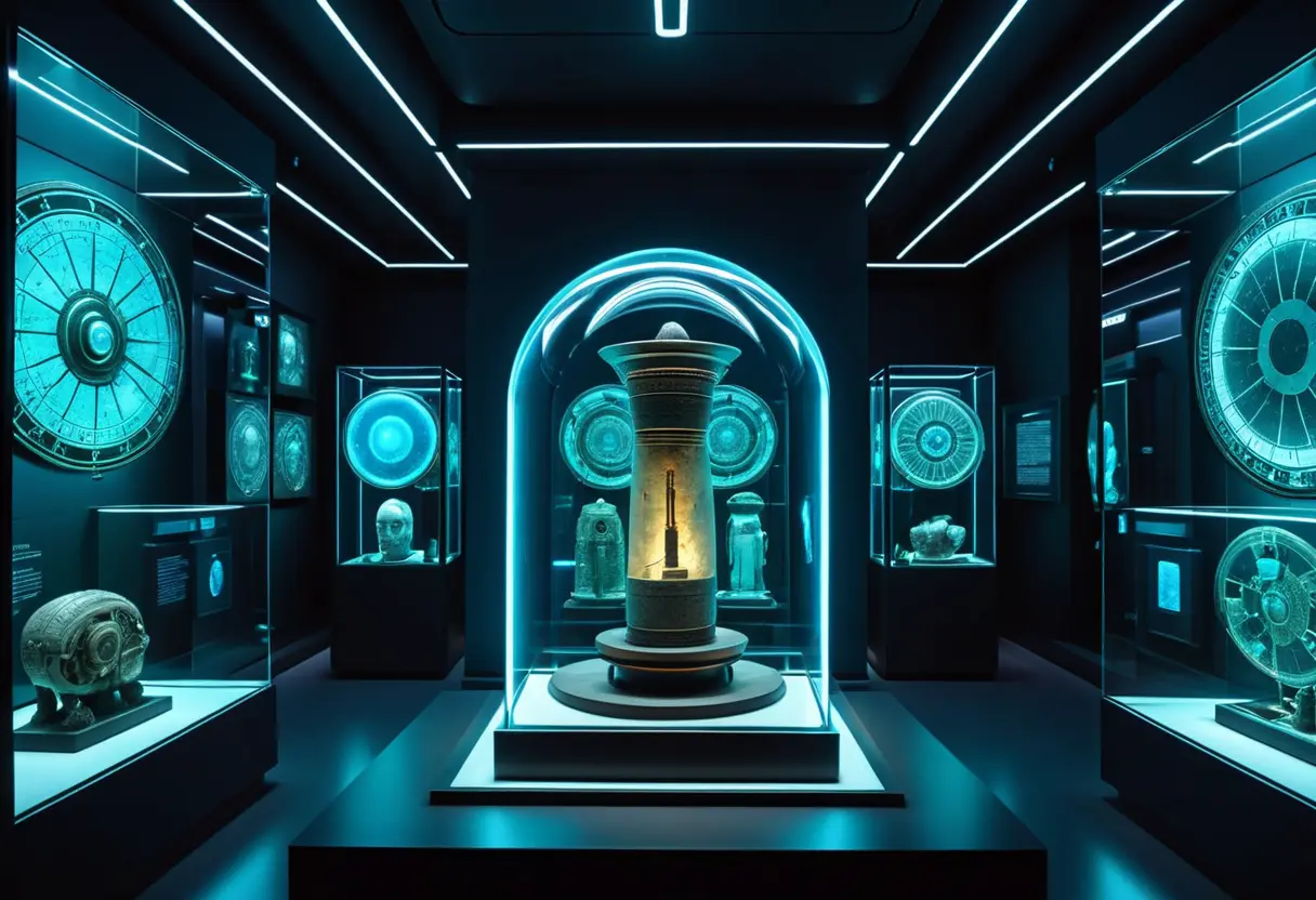 展示ケースの中に並べられたアンティキティラの機械、バグダッド電池、そしてヴォイニッチ手稿。それらを未来的なスキャン光線が照らしている、博物館の展示のようなイメージ。