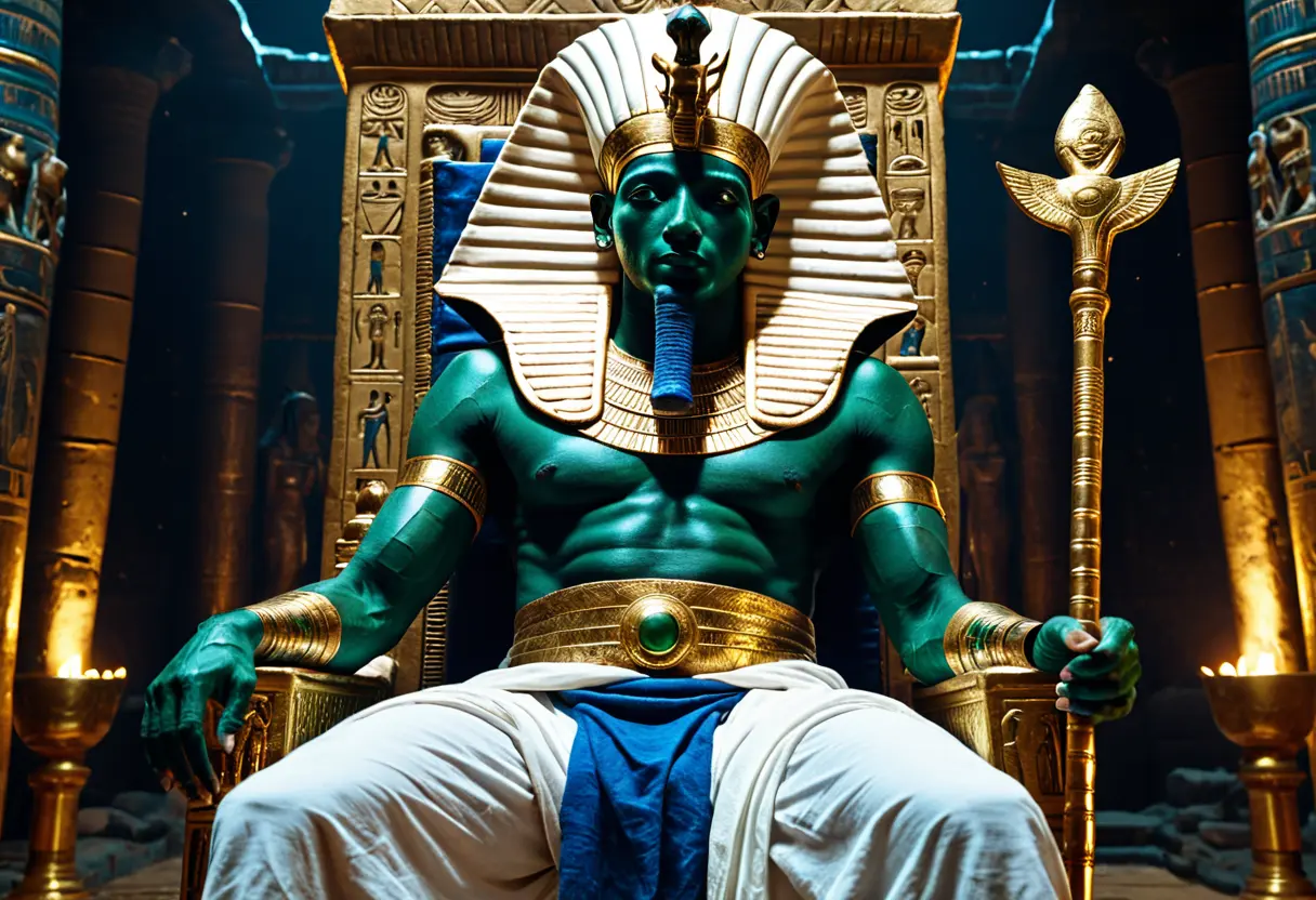 黄金の玉座に座る、緑色の肌をした神オシリス。白い亜麻布でミイラのように巻かれ、手には王権を象徴する杖（ヘカとネケク）を持っている