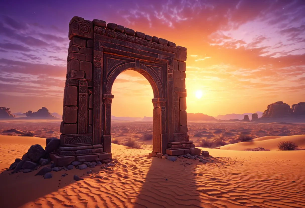 巨大な夕日に照らされた古代の石造りの門。門の向こう側は陽炎で揺らぎ、不気味な影がこちらを伺っている。