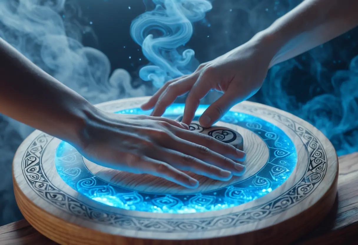 プランシェットを動かす指先から、深層心理の渦が湧き出している幻想的なイメージ