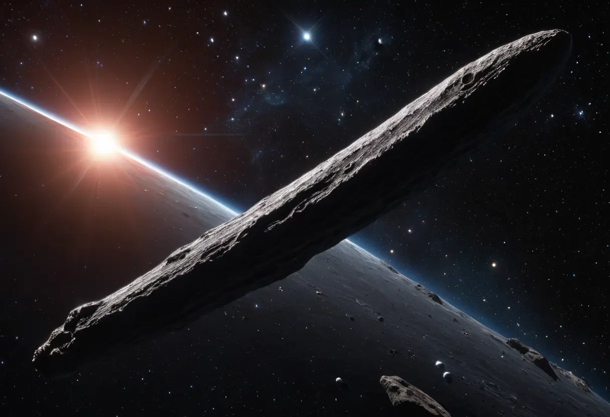 漆黒の宇宙空間。不自然に細長く、赤茶けた表面を持つ巨大な岩石状の物体が、遠くの太陽の光を反射しながら静かに通過している。