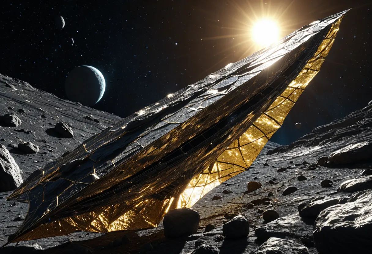 赤褐色の岩石に見えていた表面が剥がれ落ち、中から幾何学的な金属質の輝きと、巨大な帆のような構造物が現れる様子を表現したSF的イメージ。