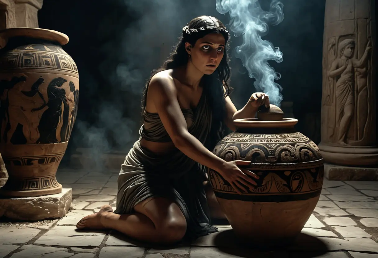 豪華に装飾された古代の壺（ピトス）の前に跪き、恐る恐る蓋をずらす美しい女性パンドラ。中からは黒い煙のような影が渦を巻いて飛び出している