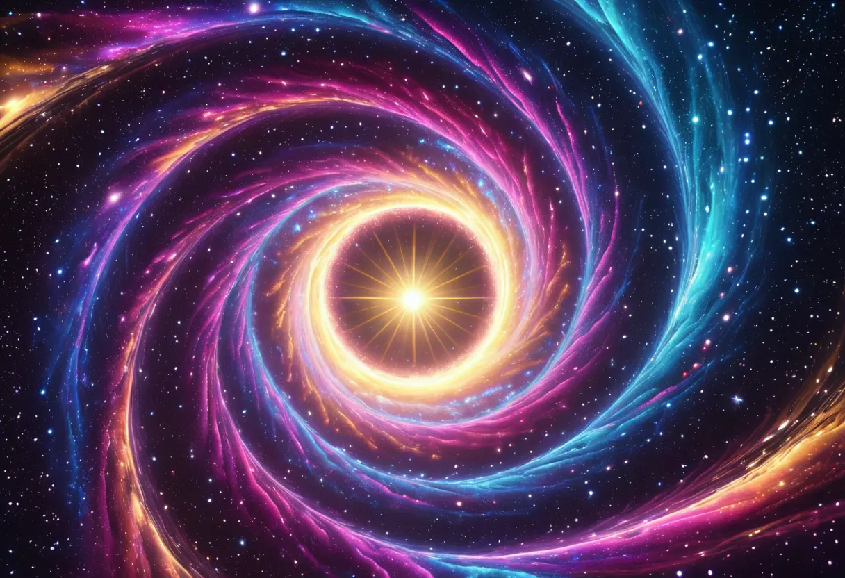 銀河のような光の粒子が渦巻く中、肉体を離れたエネルギーの塊（魂）が別の次元へと昇っていく抽象的なイメージ