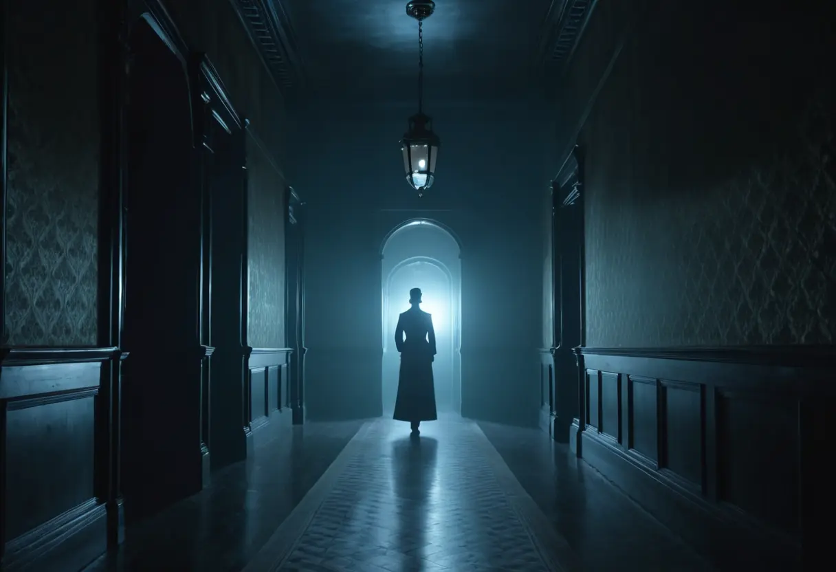 古い洋館の廊下の突き当たりに、輪郭がぼやけた半透明の人影が立っており、床には長い影が伸びている情景