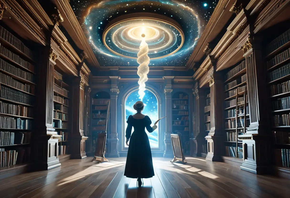 部屋の中の物体が重力を無視して宙に浮き、鏡の中には別の時間軸の自分が立っているような、シュールで幻想的な超常現象のイメージ