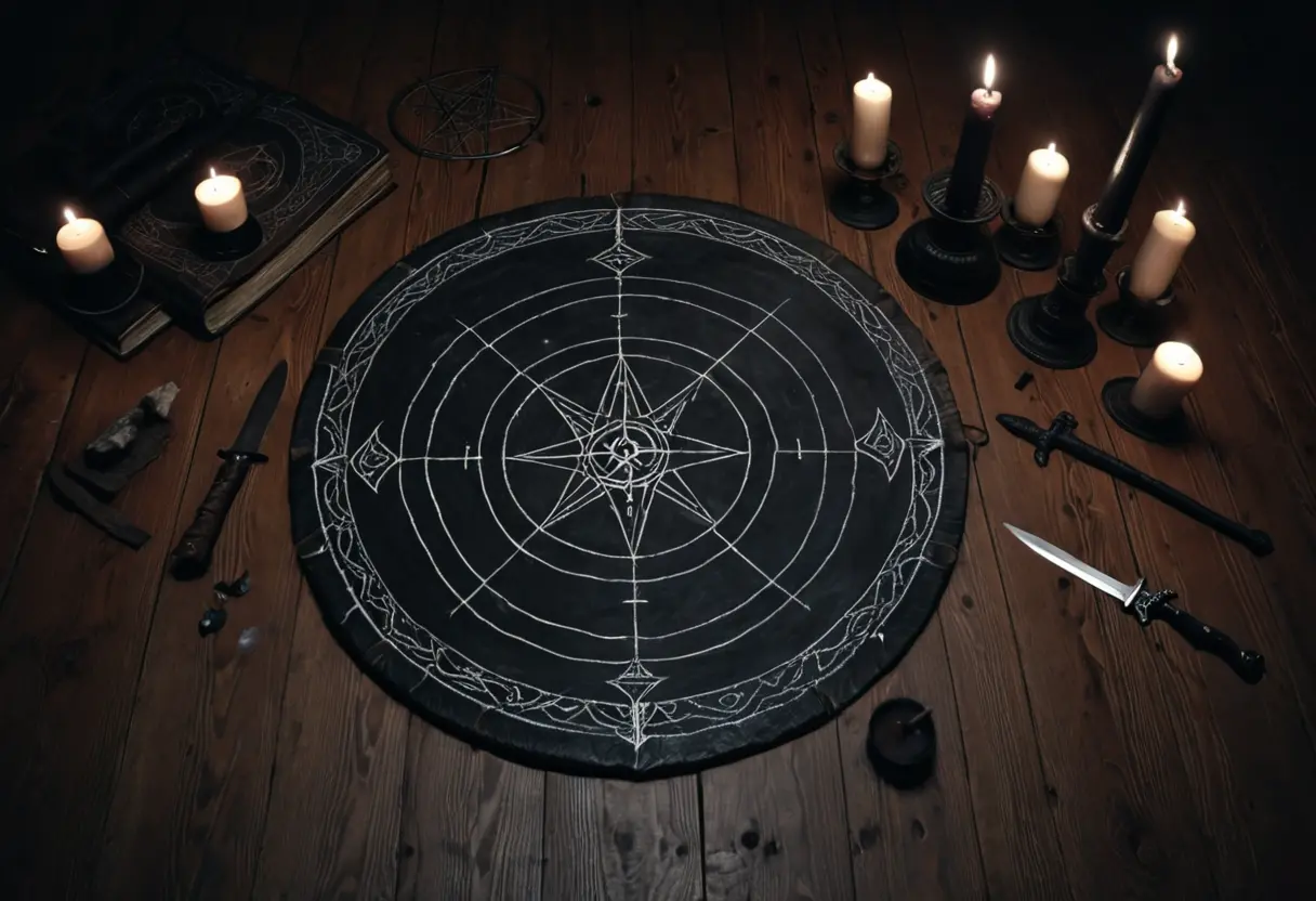 魔法陣が描かれた床の上に、古い革装の魔導書と黒いロウソク、そして銀のナイフが置かれた不気味な儀式場
