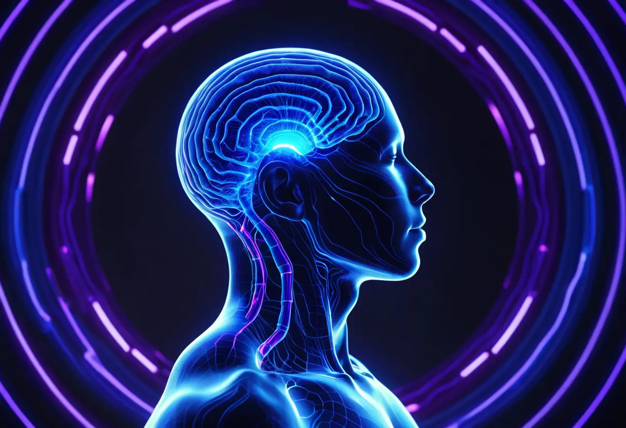 暗闇の中で、人間の頭部を中心に青白い電磁的な波紋が広がり、周囲の物体がかすかに振動しているイメージ