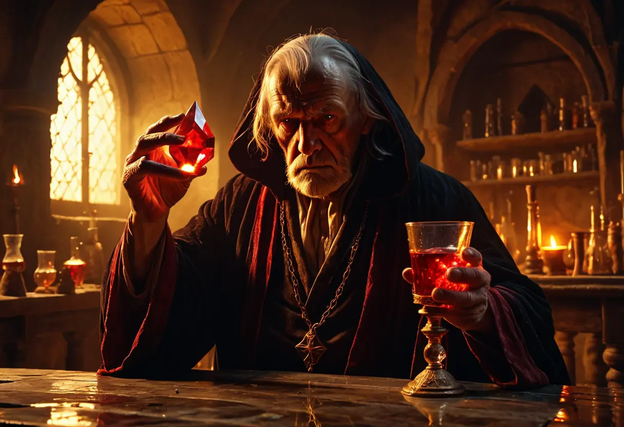 年老いた錬金術師が、赤い石を水杯にかざすと、水が黄金の光を放ち始め、若々しさが研究室に満ちていくような幻想的な光景。