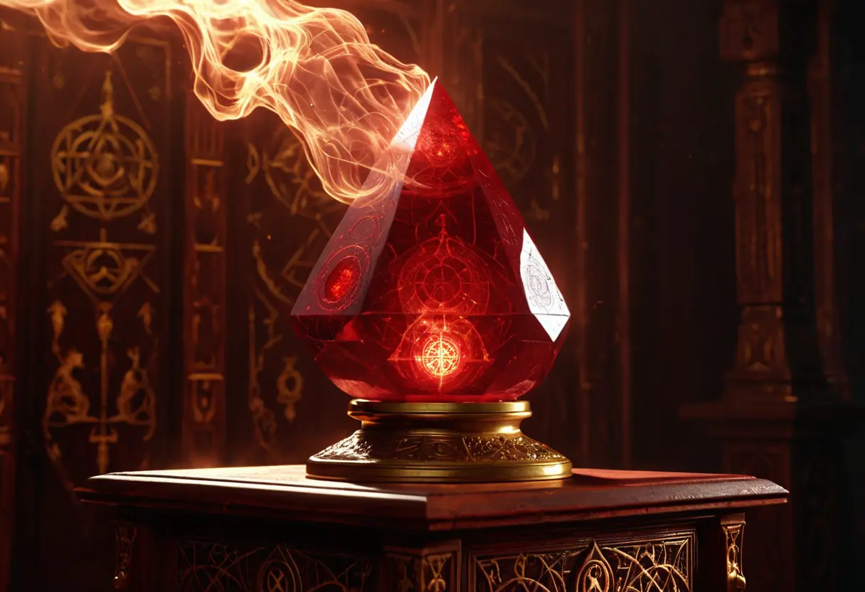 赤く燃えるような輝きを放つ、多面体の結晶。背景には複雑な円形の幾何学模様と、蒸留器から立ち上る白い煙が美しく描かれている。