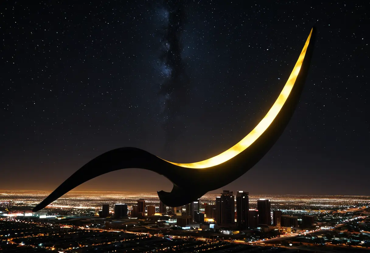 夜のフェニックスの街並み。その遥か上空に、5つの大きな光を放つ巨大なブーメラン型の黒い物体が浮いている。