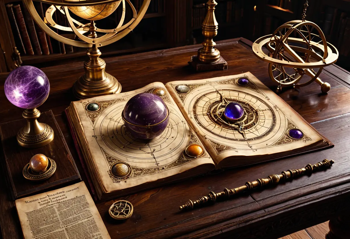 繊細な装飾が施されたラテン語の写本。ページには惑星のシンボルと、幾何学的な魔術円が描かれ、周囲にはアンティークな天球儀が置かれている。