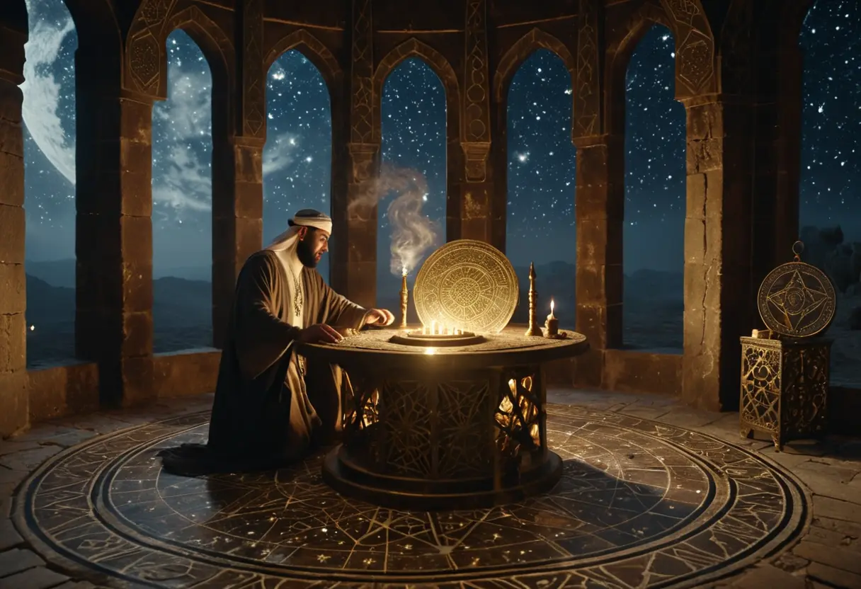 星空が描かれたドームの下で、アラブの装束を着た学者が、アストロラーベ（天文観測機）を使って星の位置を測定しながら、宝石を彫刻している。