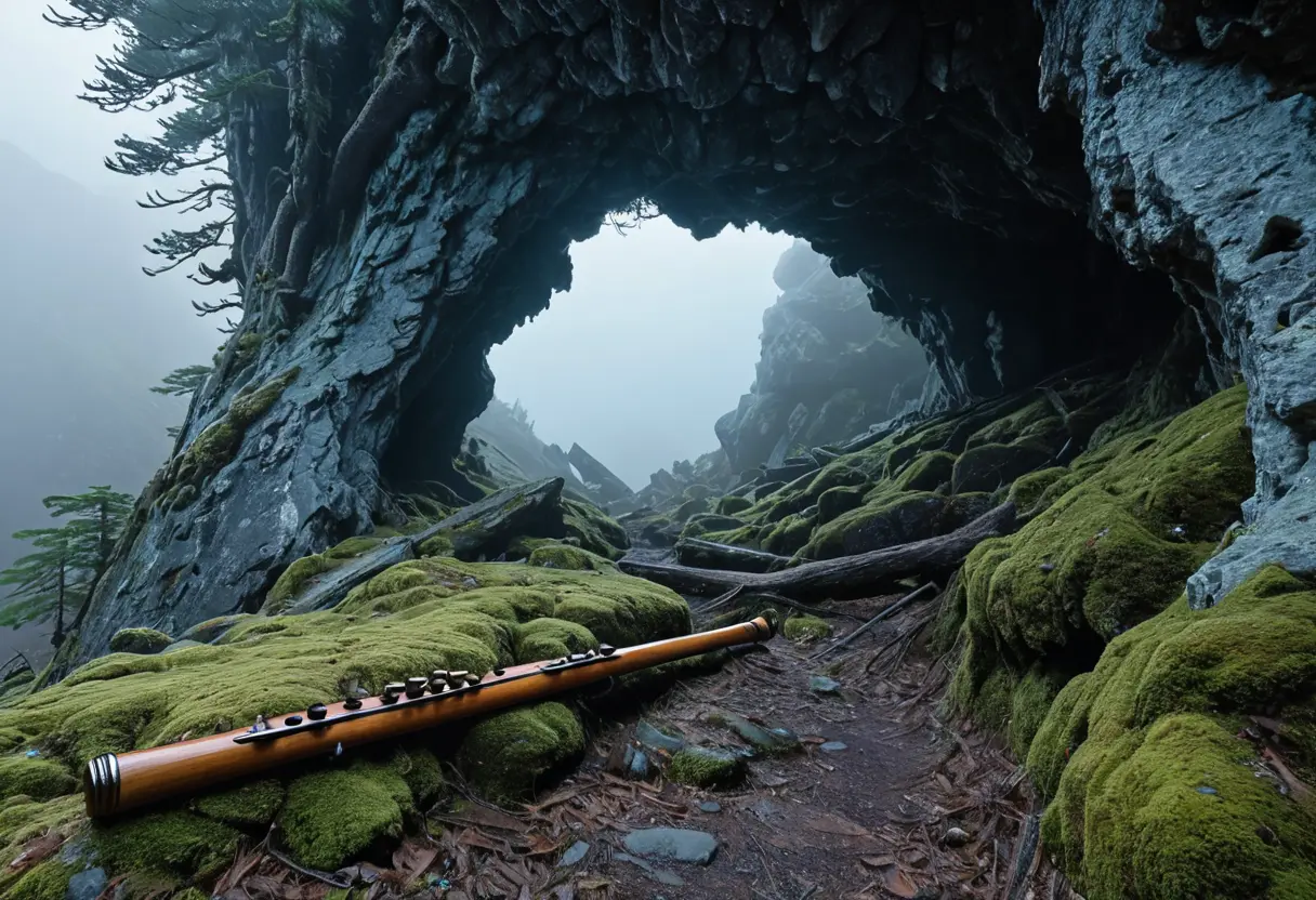 霧のかかった山の洞窟の入り口に落ちている一本の笛。