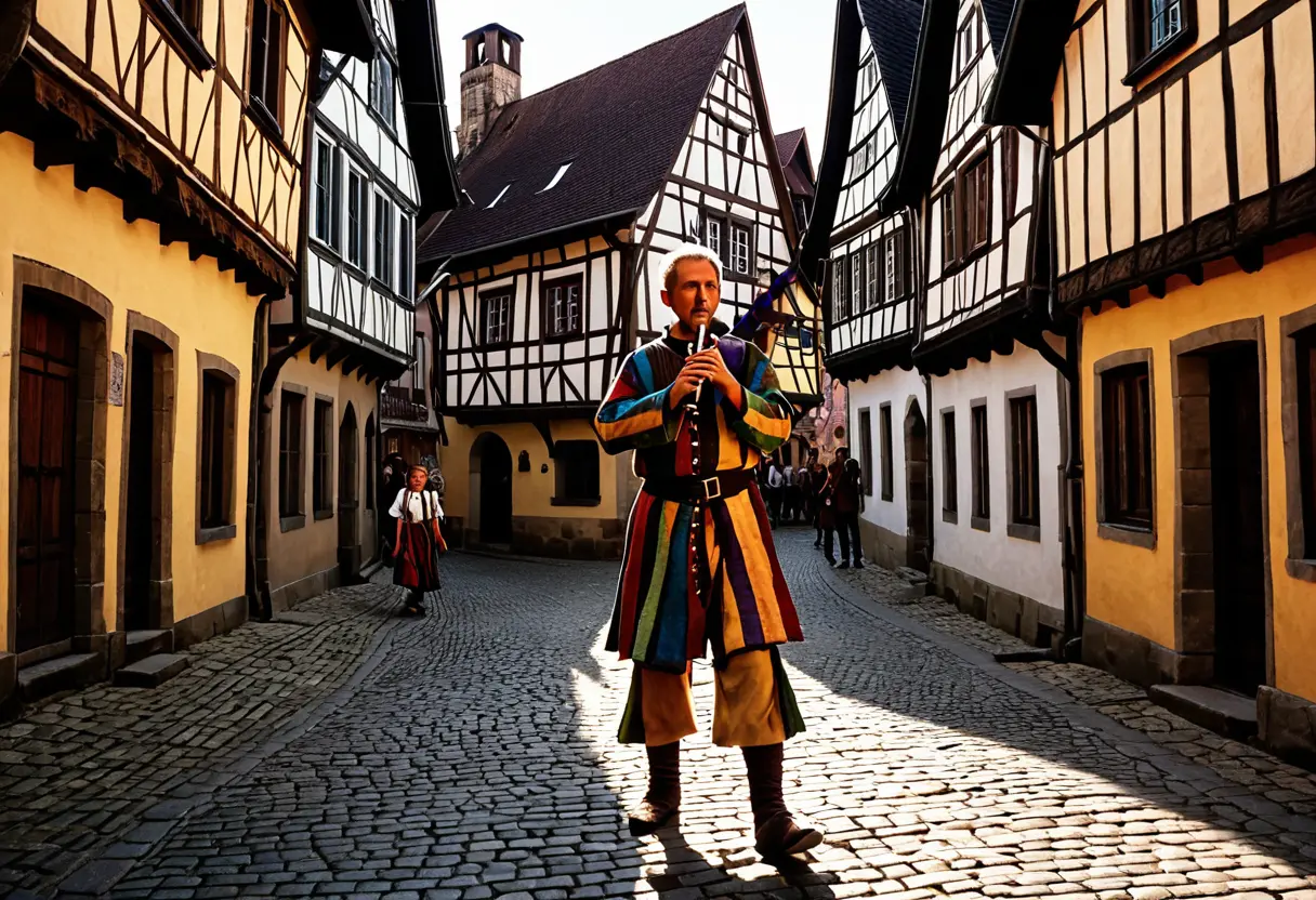 中世の町。笛吹き男に連れられて歩く子供たちの長い列。