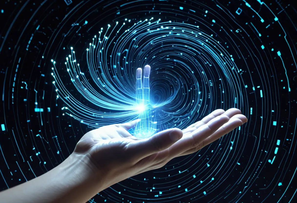 デジタルの波形が、人間の掌の上で「意志」に呼応して形を変えていくイメージ