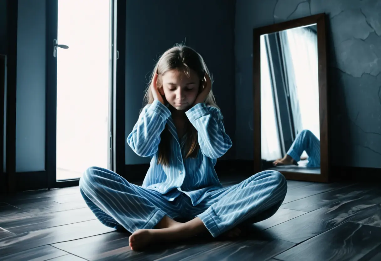 少女が耳を塞いで震えている周囲で、空気の歪み（ヒートヘイズ）のようなエネルギーが渦巻いているイメージ