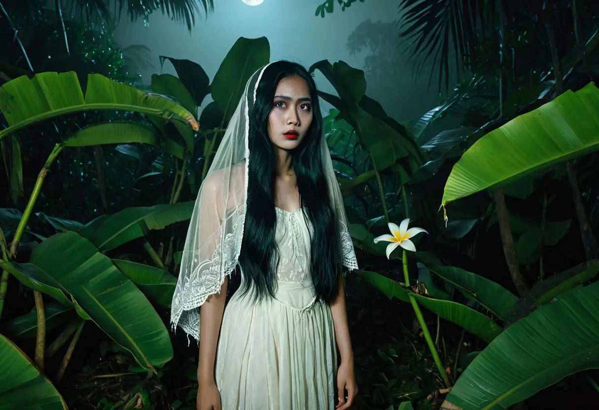 夜のバナナの葉の影から覗く、白いドレスの長い髪の女性。