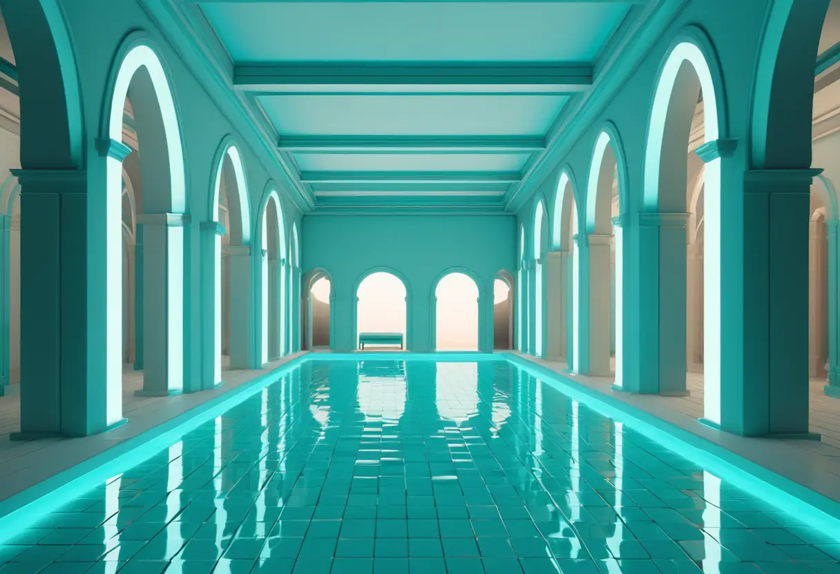 白いタイルで覆われた広い空間。アーチ型の天井から光が差し込み、水面に反射している。