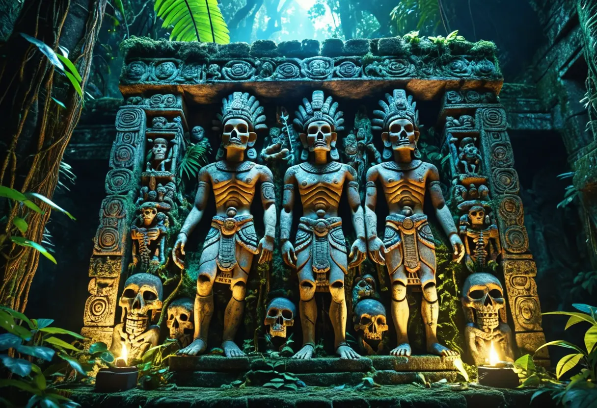 古びたマヤの石板に刻まれた、双子の英雄と冥界の神々。密林の湿った空気と神秘的な青い光が漂う