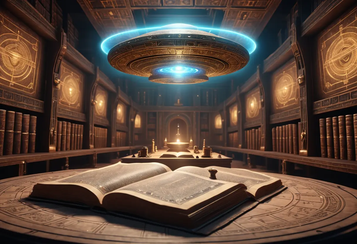 巨大な図書館の秘密の小部屋で、古い巻物と未来的なホログラムが重なり合い、古代の宇宙船や巨神の姿が浮かび上がっている神秘的なイメージ。