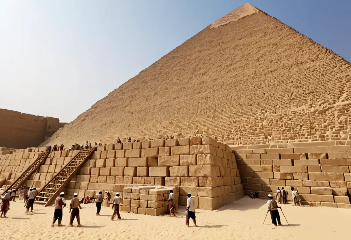 建設途中のピラミッド。何万人もの労働者が計算された動きで巨石を運んでおり、その背後には巨大な測量用の装置が並んでいる。