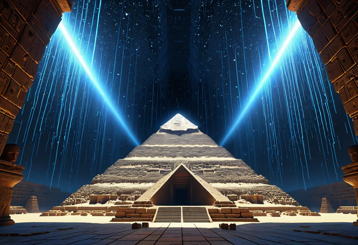 ピラミッドの断面図が青い光でスキャンされ、その中心部に巨大な未知の空洞が白く浮かび上がっているイメージ。