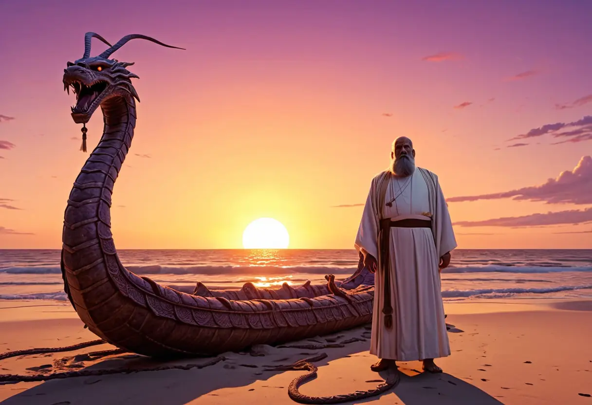 海岸に立ち、東の海を見つめる白い服を着た髭の男。足元には蛇の彫刻を施した筏があり、夕に染まっている