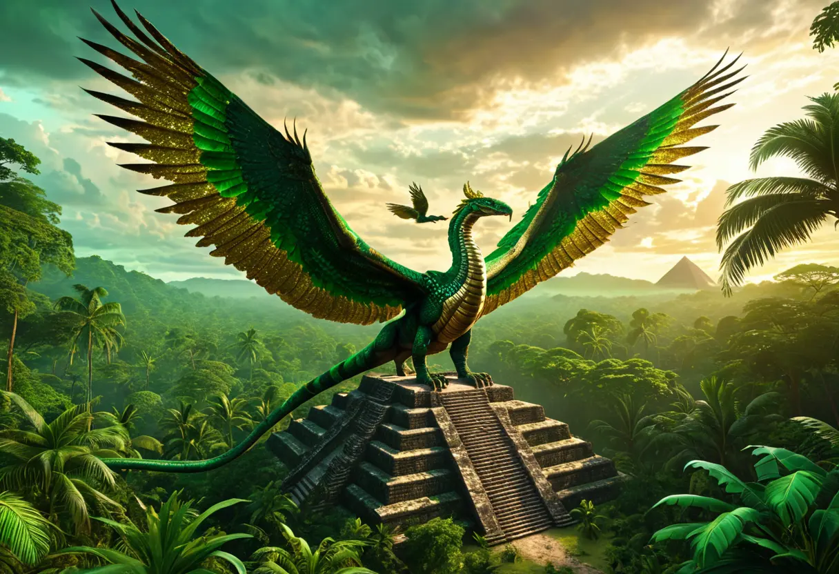 密林の上空を悠然と舞う、エメラルドグリーンの羽根に覆われた巨大な翼を持つ白い蛇