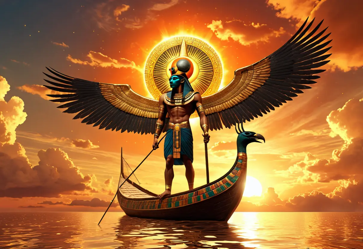 巨大な太陽円盤を頭に乗せた隼頭の神ラーが、黄金の舟に乗って空を航行している。周囲にはエジプトの神々の護衛が並んでいる