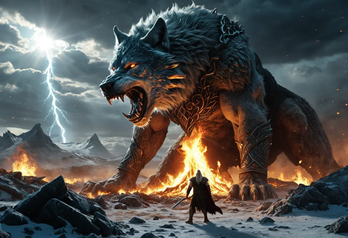 燃え盛り、崩壊する世界樹ユグドラシル。巨大な狼フェンリルが太陽を呑み込み、炎の巨人スルトが炎の剣を振り下ろしている。下界では神々と巨人の軍勢が激突している