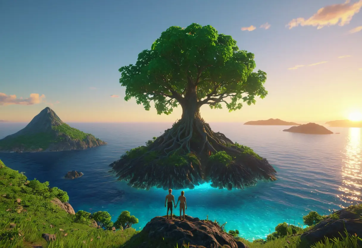 穏やかな海から浮上する、緑豊かな新しい島。中央には世界樹の若木が芽吹き、その木陰に二人の人間が立っている。空は美しく澄み渡っている