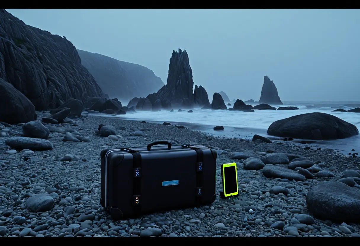 夕暮れの海岸のテトラポットの隙間に置かれた、不気味な黒いスーツケース。