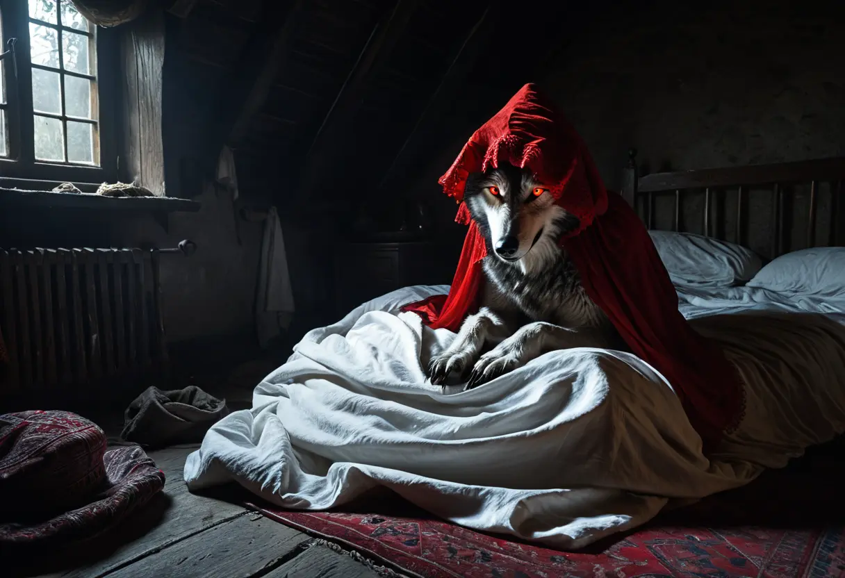 影に覆われた寝室。ベッドに横たわる老婆の格好をした狼。