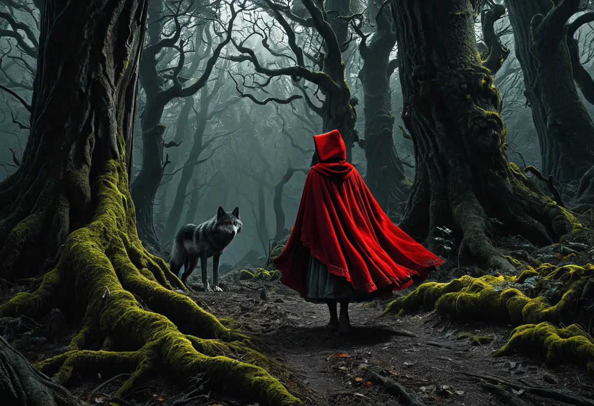 森の中で狼と対峙する赤ずきん。