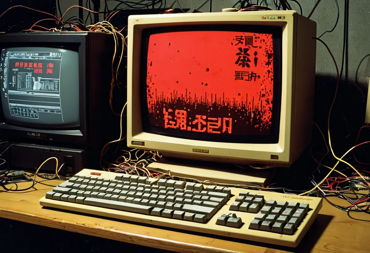 1990年代のオフィス。ブラウン管モニターが赤く発光しており、画面には「あなたは好きですか？」という文字列が表示されている。