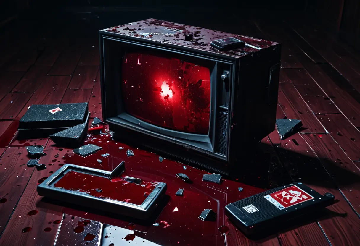 壊れたブラウン管テレビの破片とカッターナイフ。