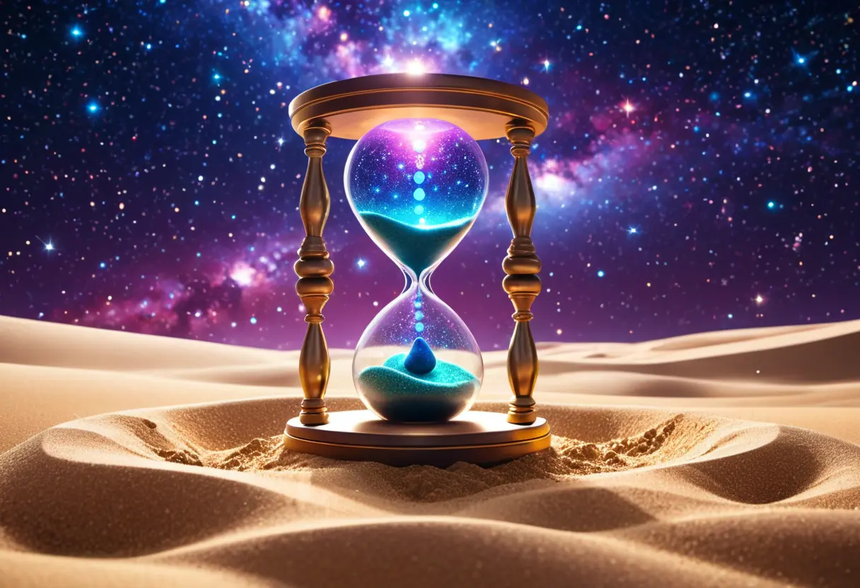 砂時計の中で砂（魂）が別の形になって流れ落ち、永遠のサイクルを繰り返しているイメージ