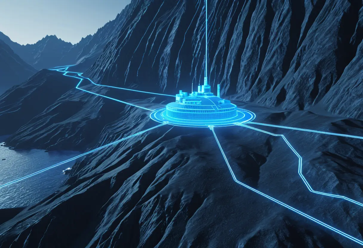 地球から伸びる青い光の線が、遠く離れたソ連の軍事基地の内部を突き抜けているイメージ