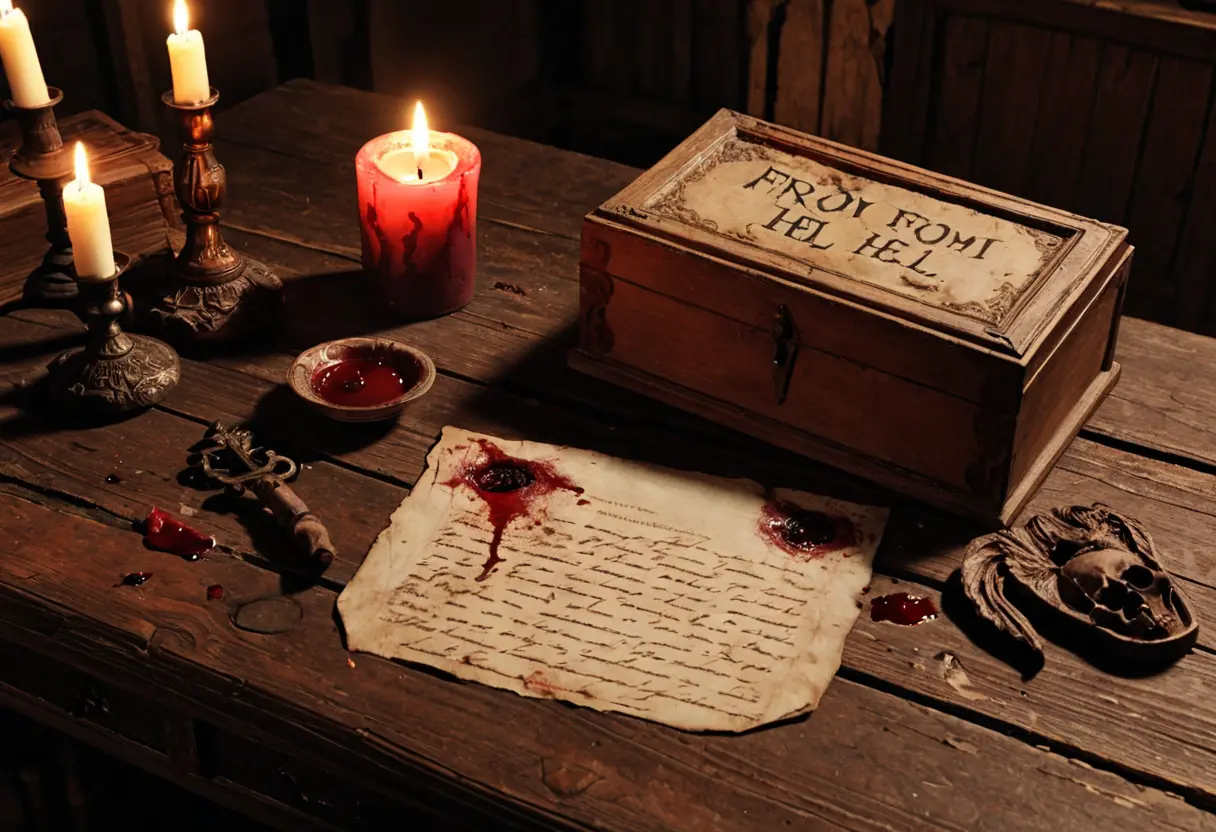 古びた机の上に置かれた「From Hell（地獄より）」と書かれた血塗られた手紙と人間の腎臓の入った箱