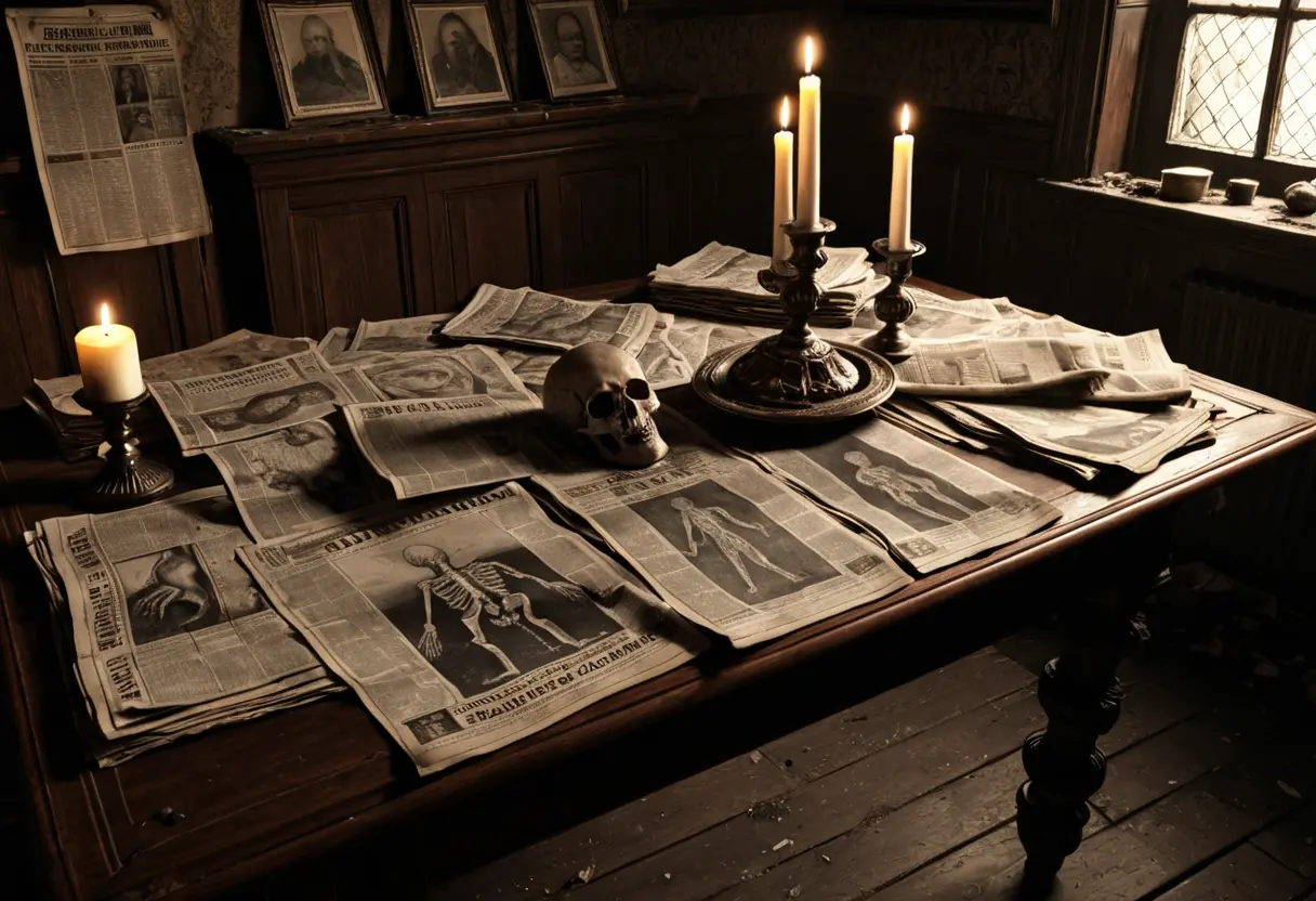 荒れ果てたヴィクトリア朝の室内、机の上には古い新聞記事と解剖図が散乱し、ロウソクの火が揺れている。壁には血で不気味な文字が書かれている。