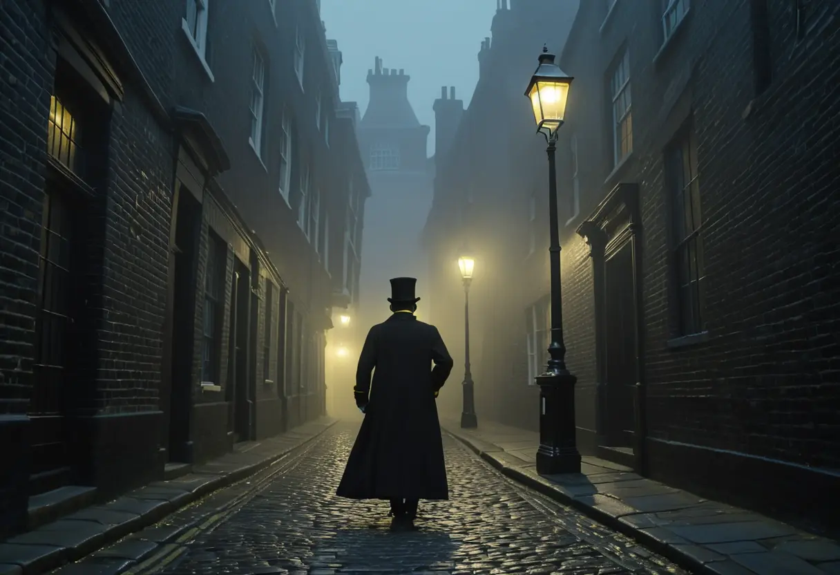 ガス灯に照らされた、夜霧が立ち込めるロンドンの石畳の路地。シルクハットを被り、長いマントを翻して歩き去る影が、どこか不気味な気品を漂わせている。