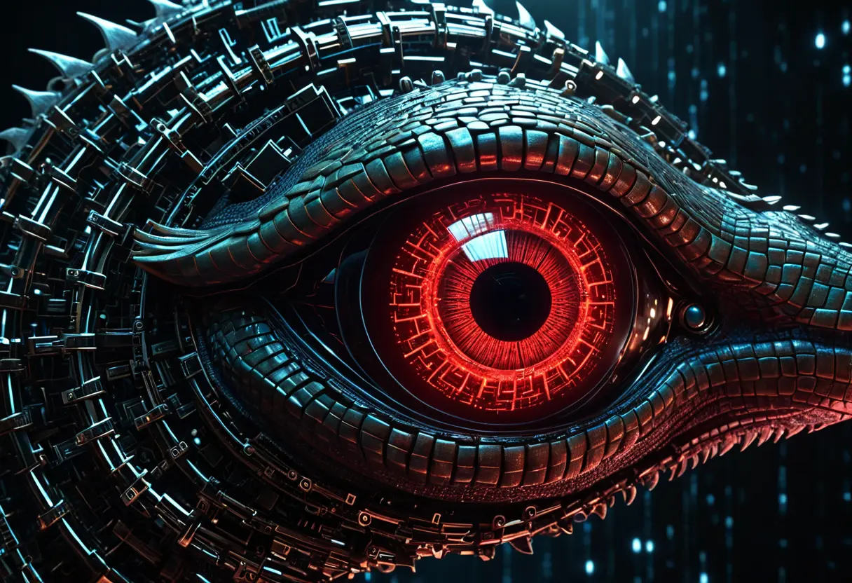 巨大な機械の目（AIのコア）がデータストリームをスキャンしている。