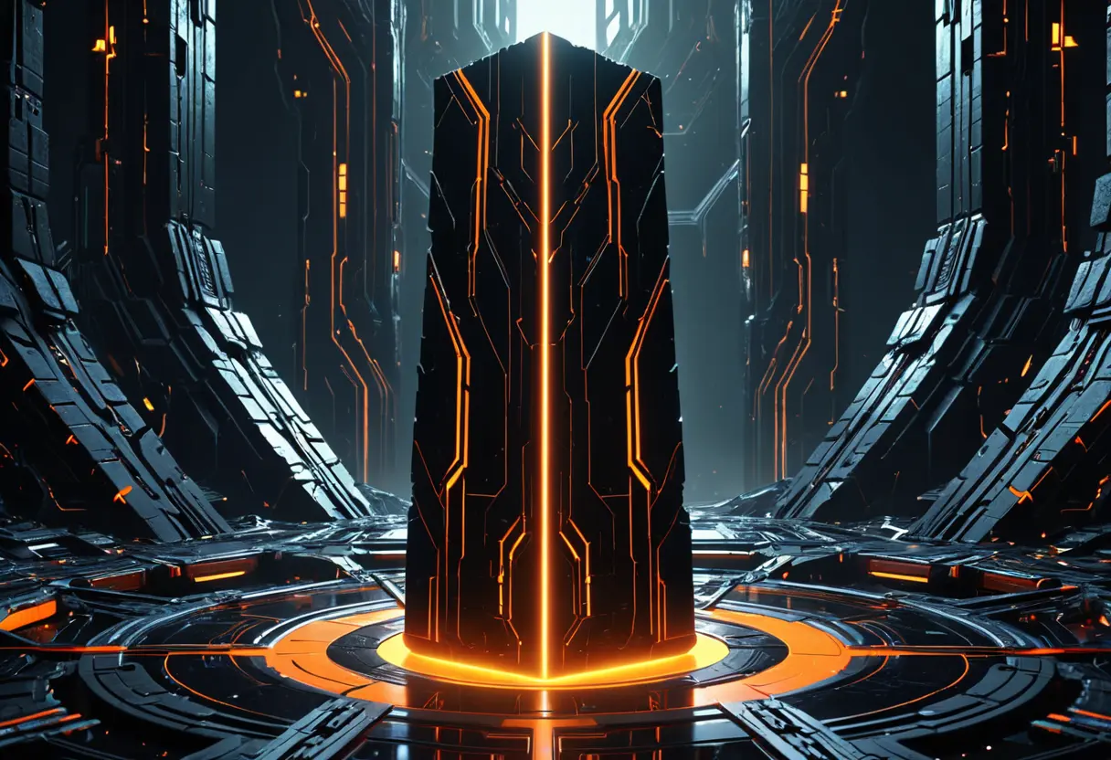 未来の都市の廃墟に建つ、巨大な黒いモノリス。